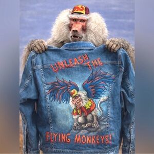 Calvin Klein denim jacket sz LG handpainted flying monkey Hamadryas Wizard of Oz